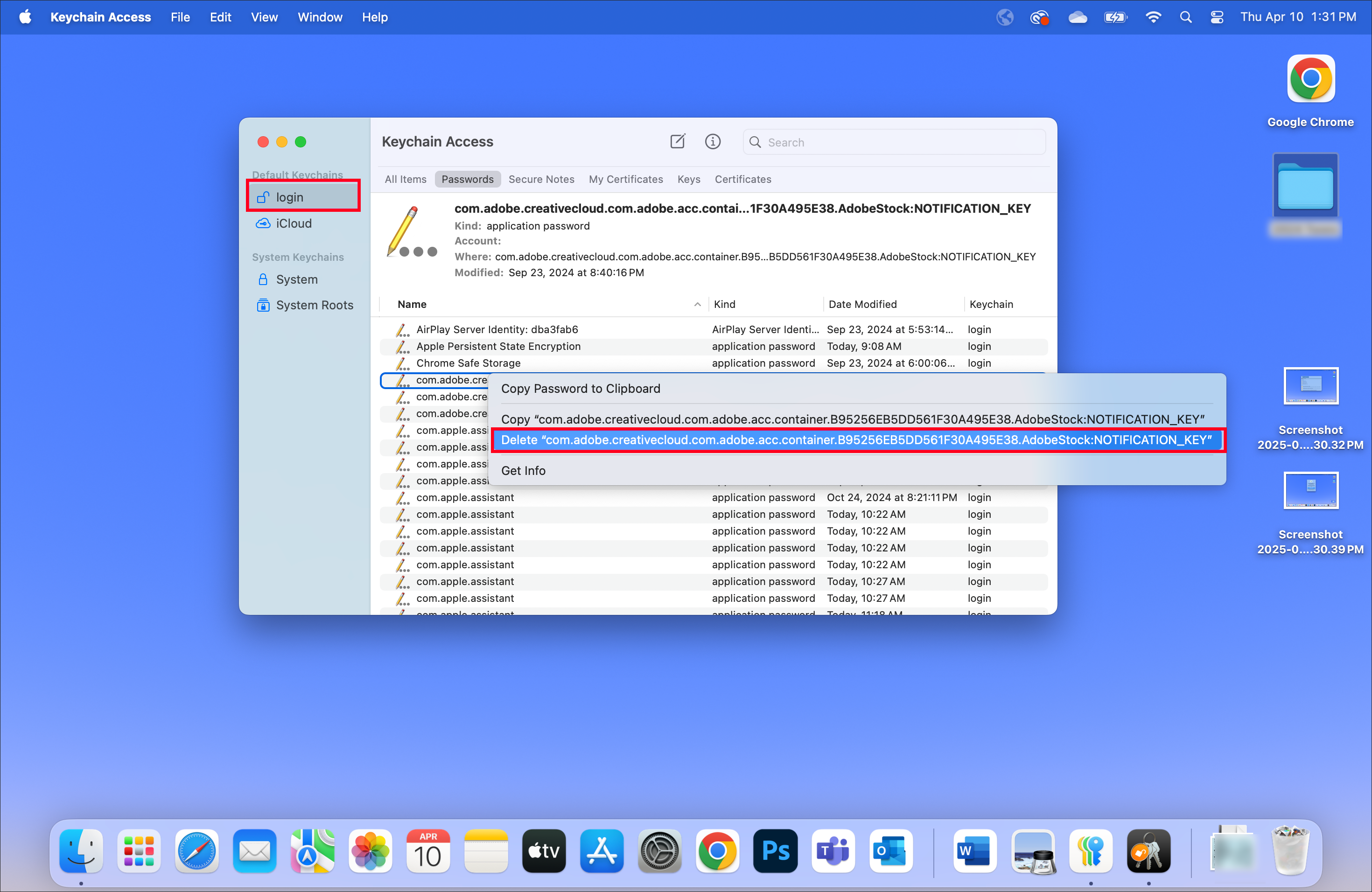 Keychain access login screen to delete password