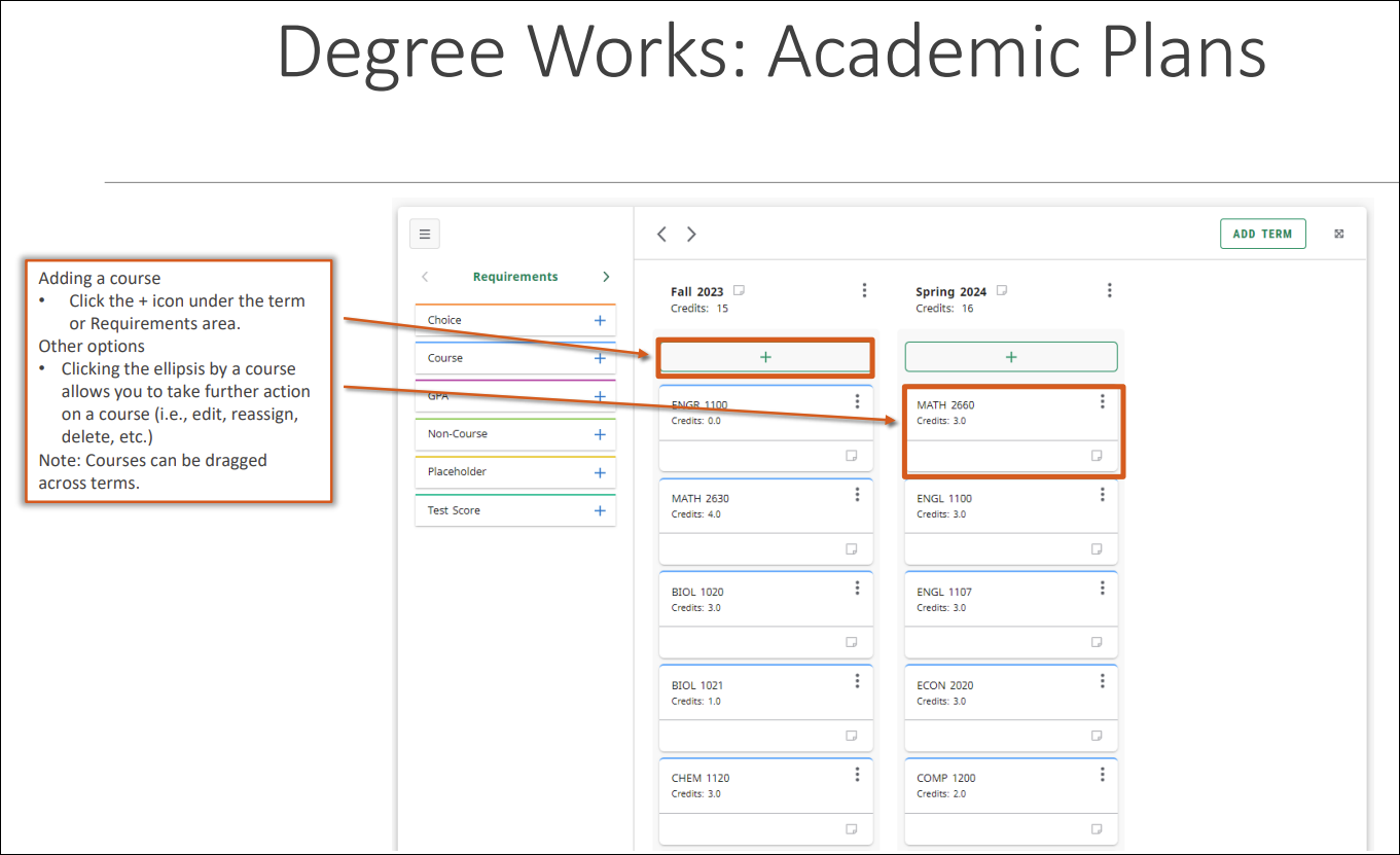 Degreeworks adding a course screen