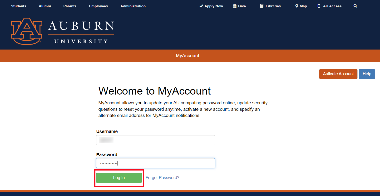 MyAccount Login Screen