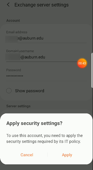 android screen, apply security settings