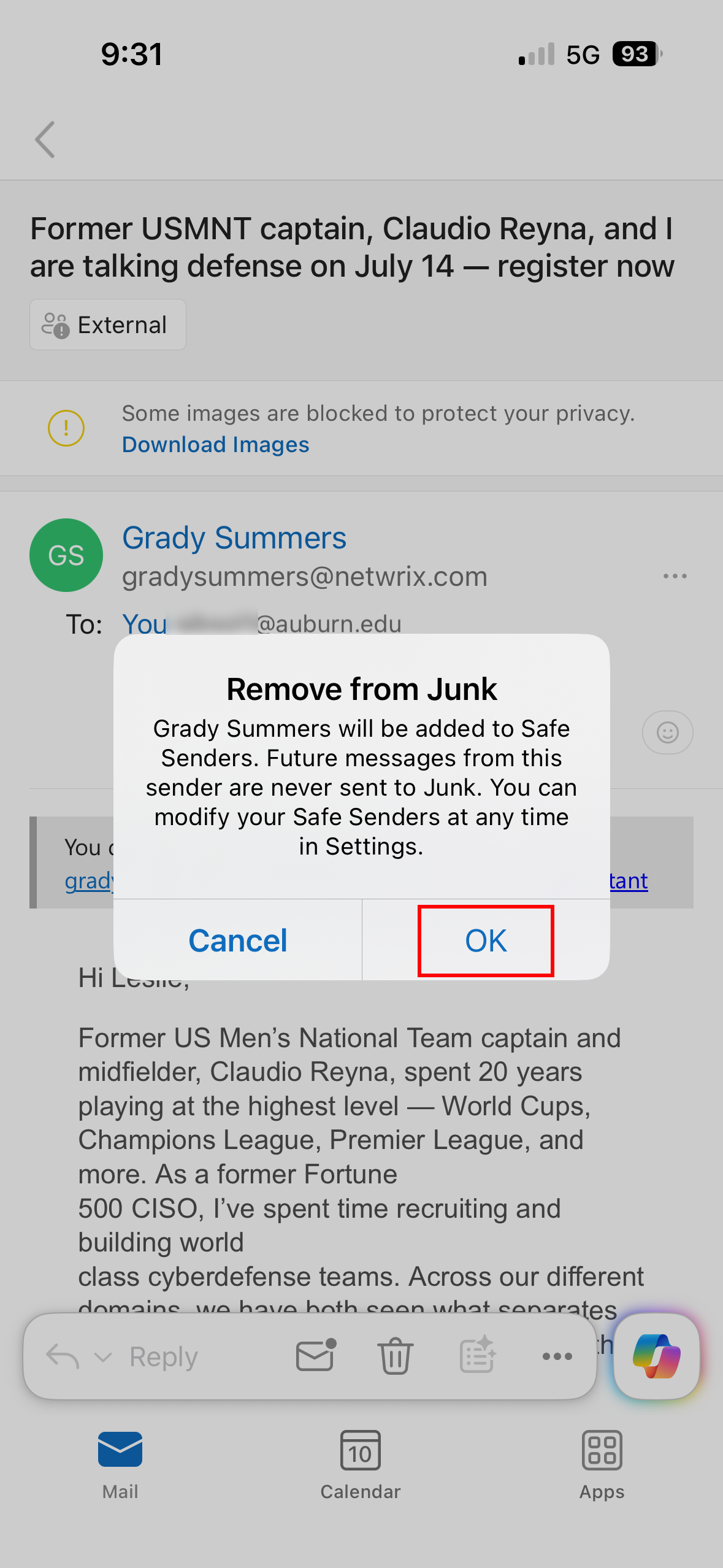Outlook mobile application not junk safe senders confirmation message