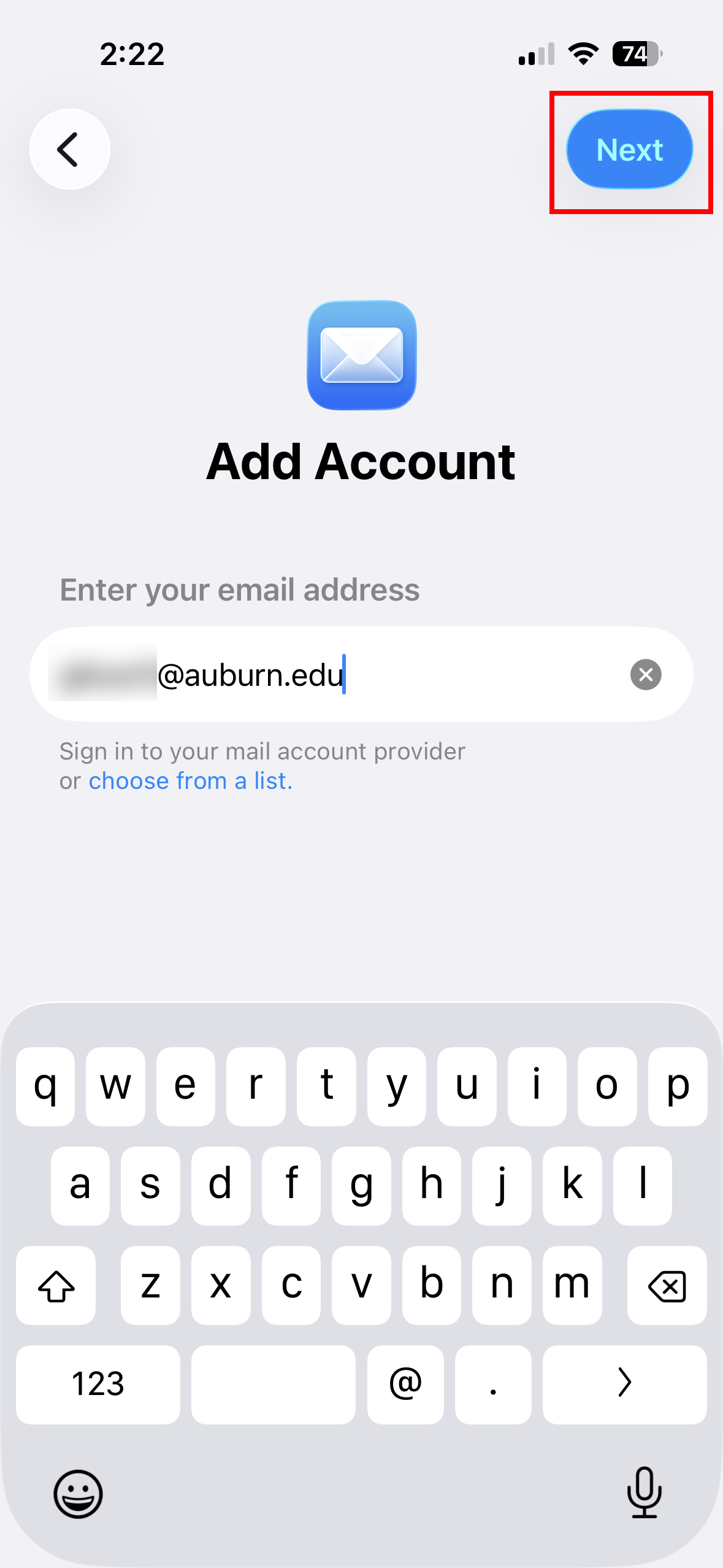 iOS mail app enter Auburn email address
