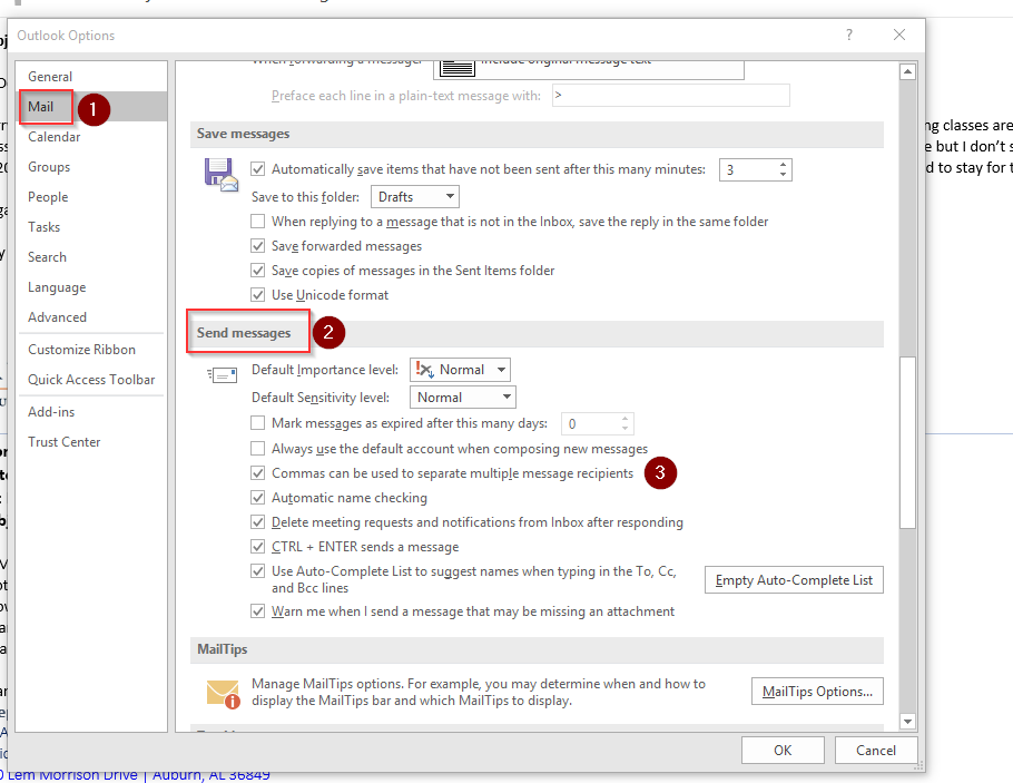 Outlook mail messages commas used to separate selection