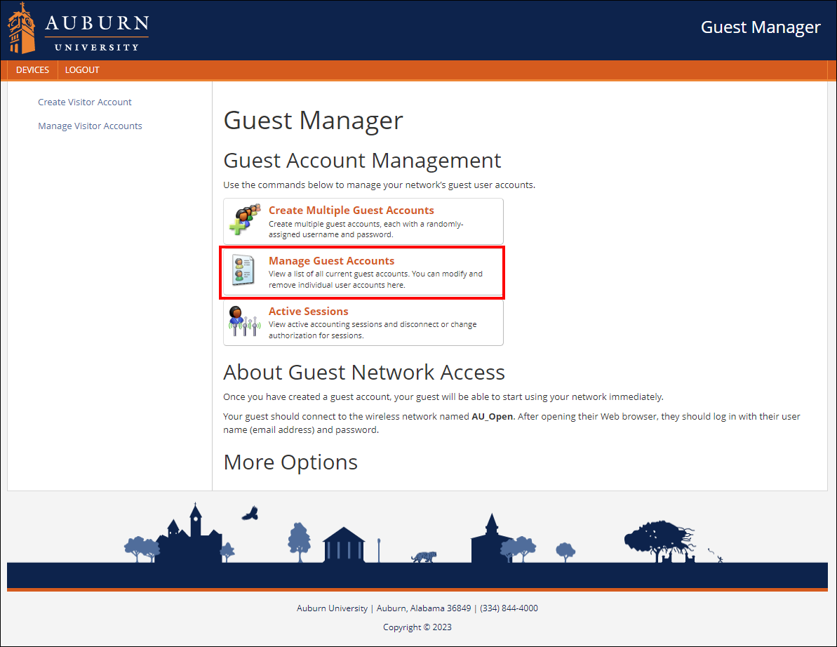 Managing Guest Accounts screen