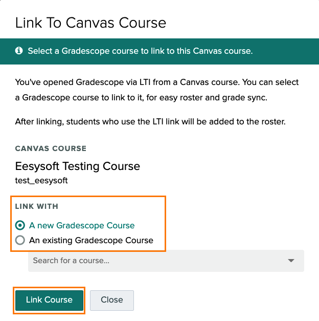 Gradescope interface with link course selections