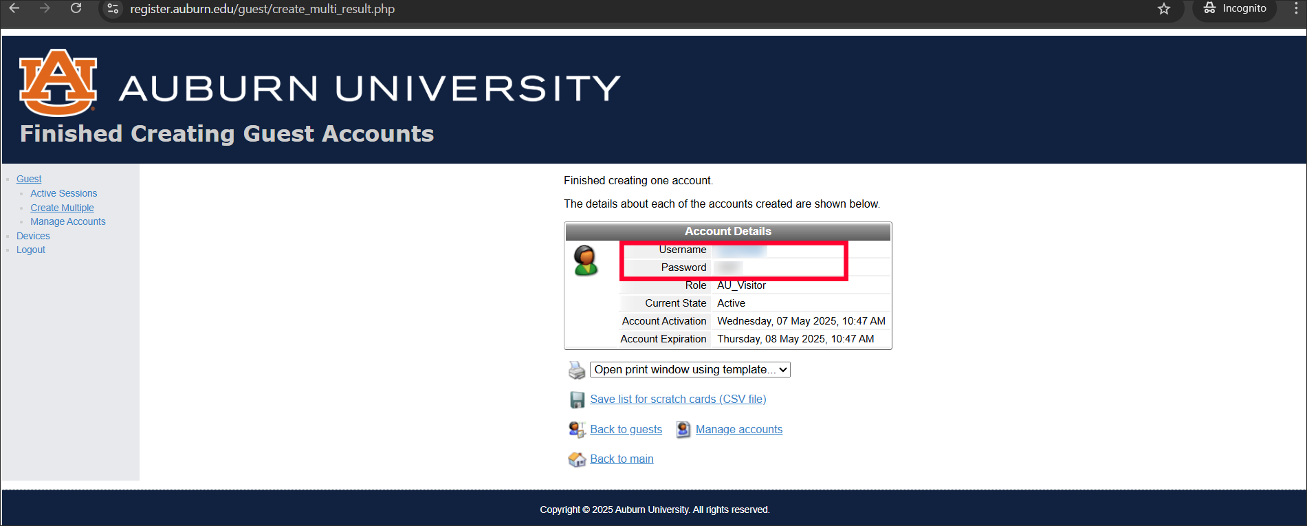 Finished creating guest accounts screen