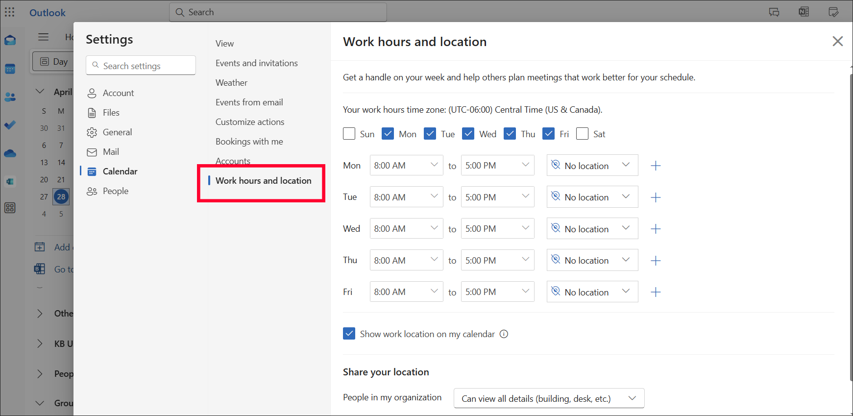 Outlook on the web calendar work hours and location