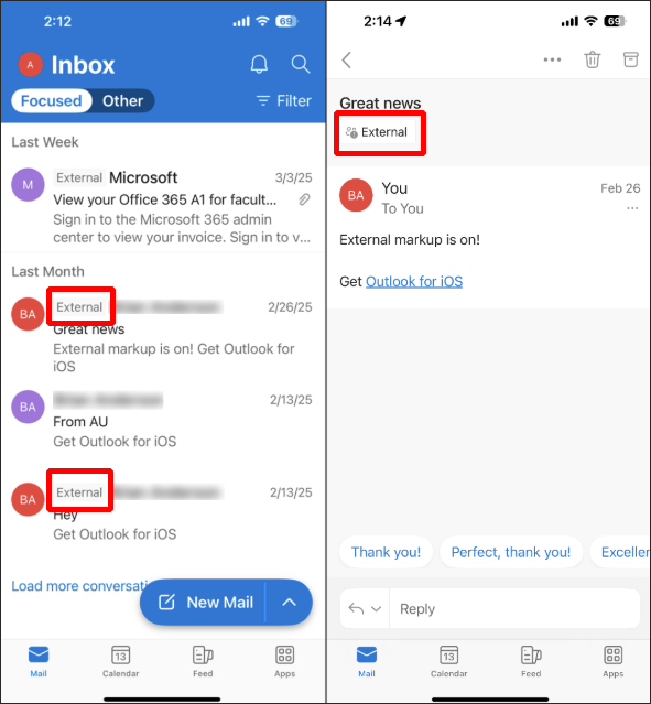 Outlook mobile app external email labels