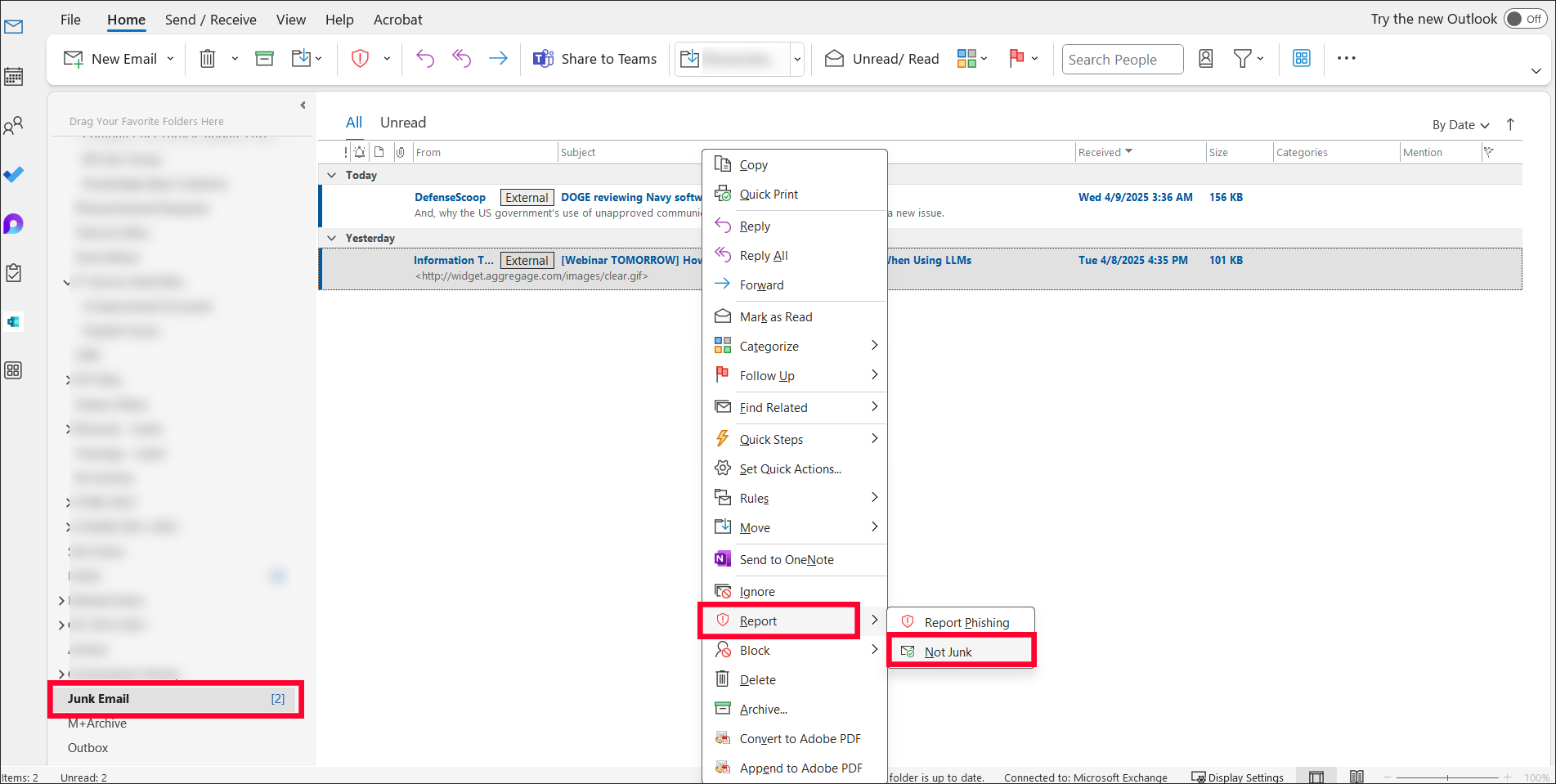 Not junk email selection