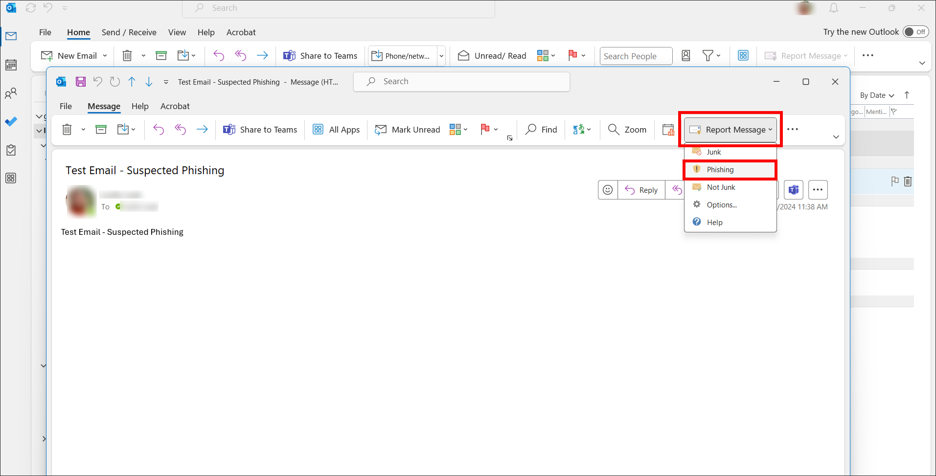 Report message and phishing button in Outlook for Windows