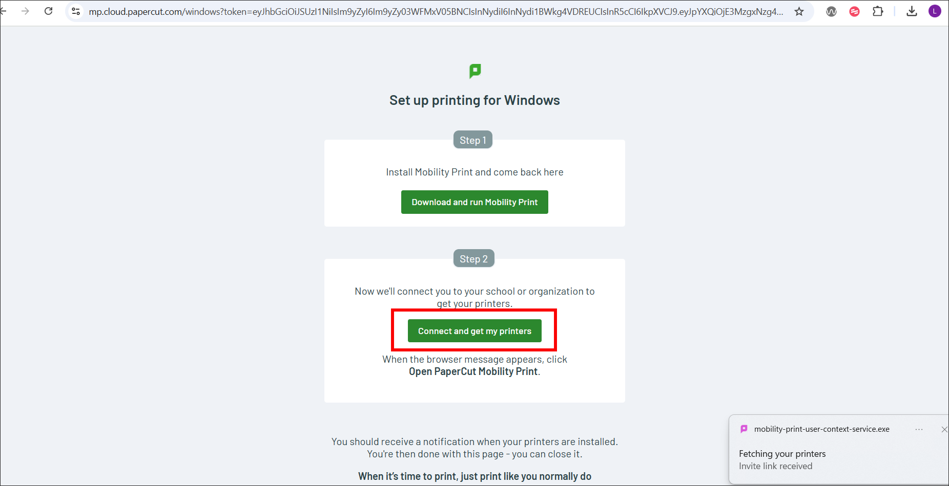 Windows Mobility Print Connect and Get Printers Link