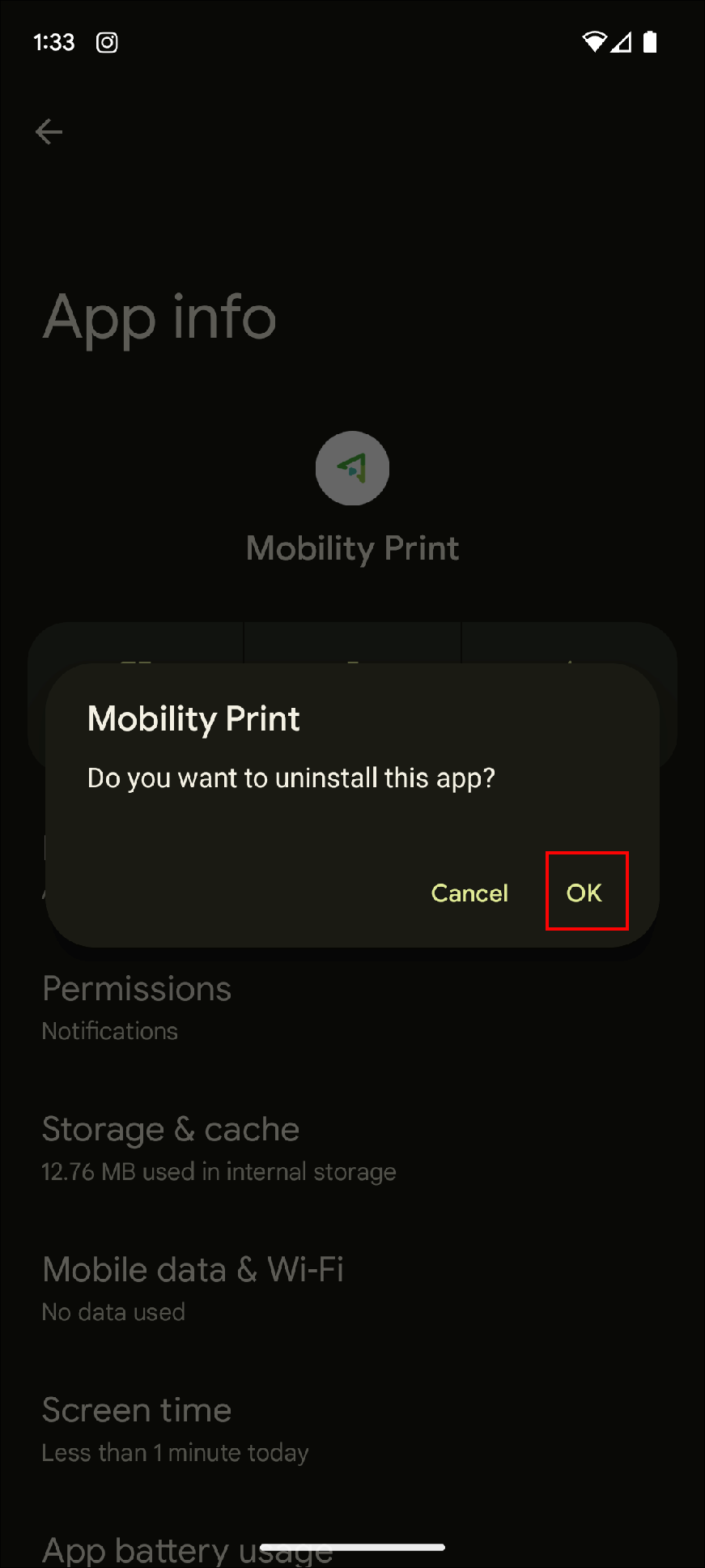 Android uninstall mobility print app Ok selection