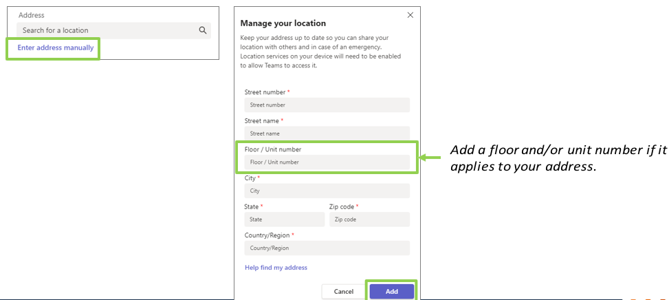 Teams Voice manual address entry screen
