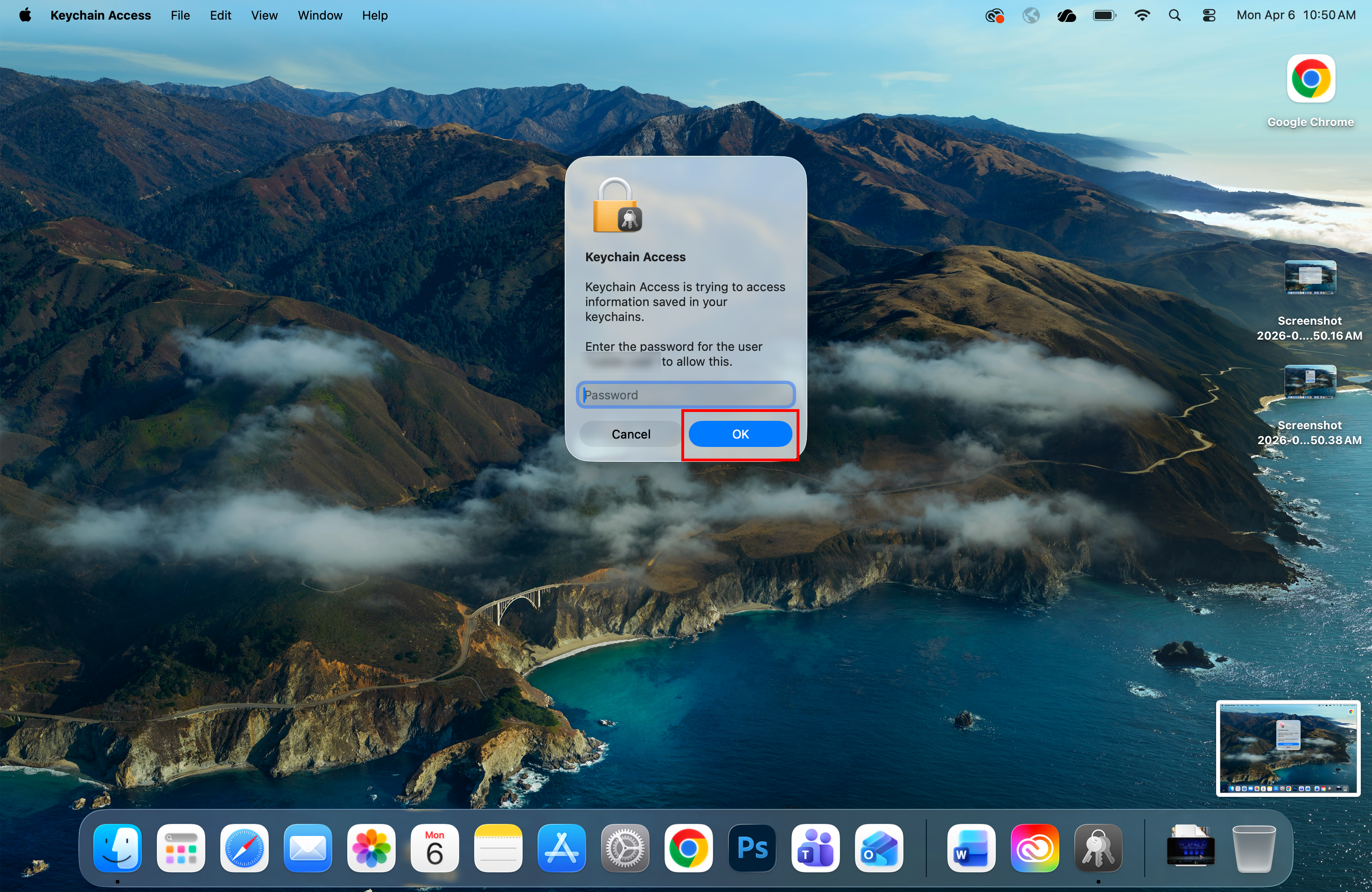 Mac Keychain Access enter password and OK