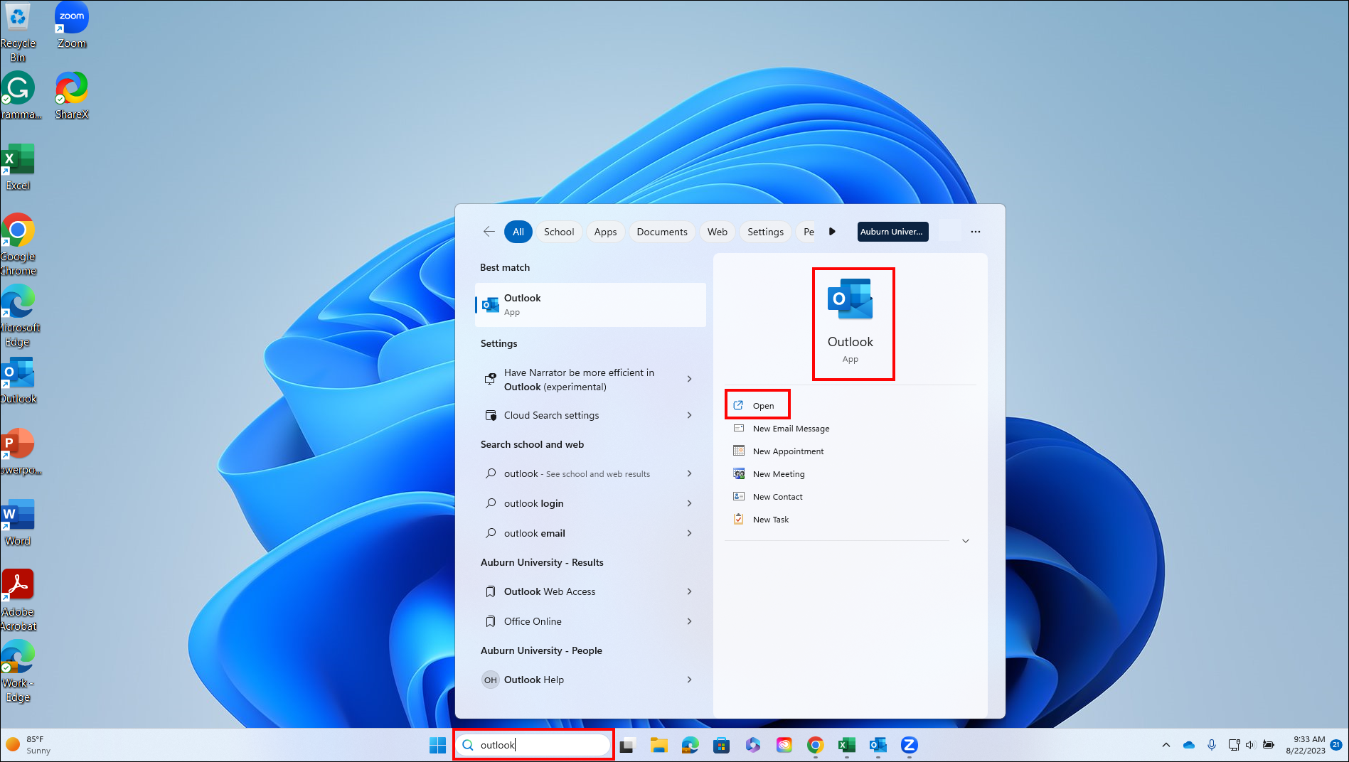 Outlook app search on a windows device