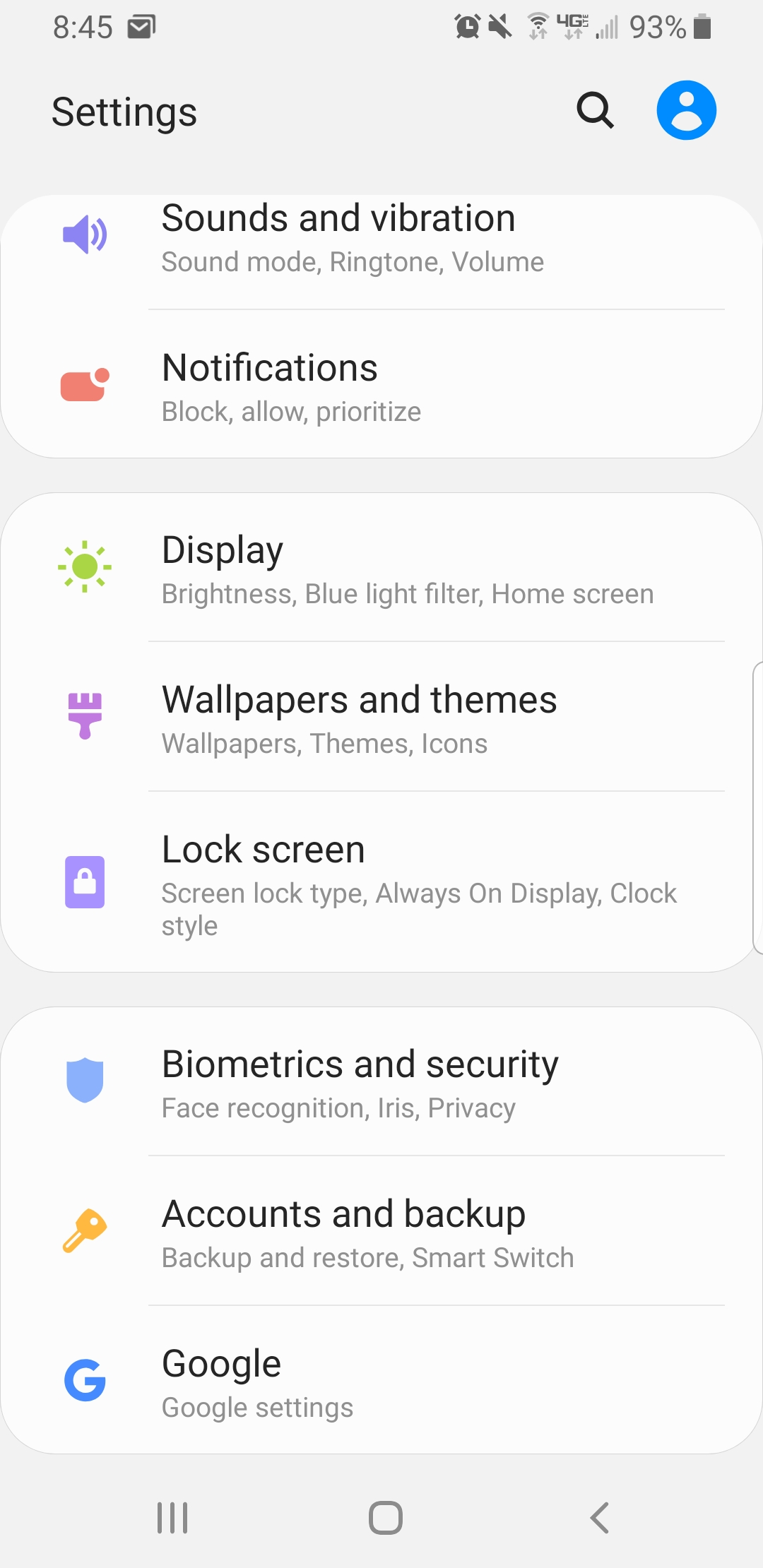 Settings screen, android