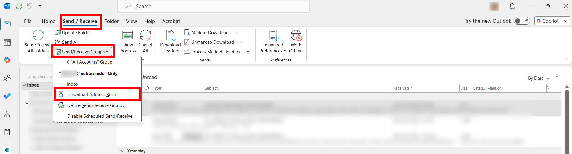 Image of send/receive tab in Outlook