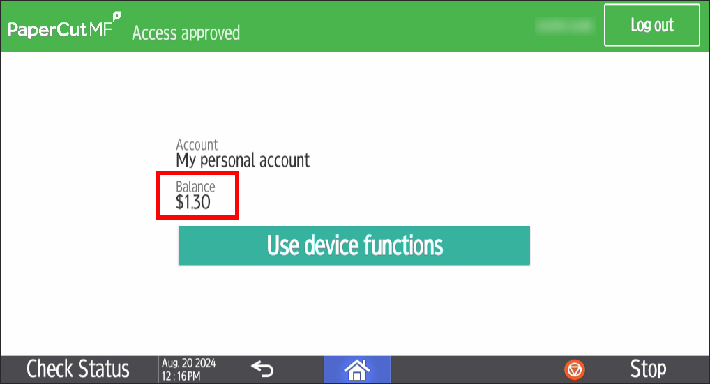 TigerPrint device functions print balance