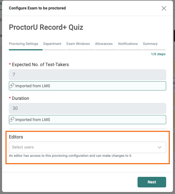 ProctorU configuration screen showing Department, Term, and Service Line settings for a Record+ Quiz.