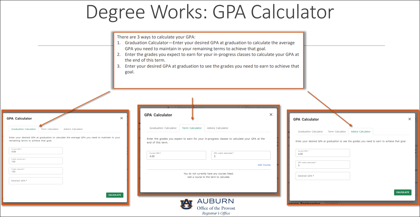 Degreeworks GPA calculator screen