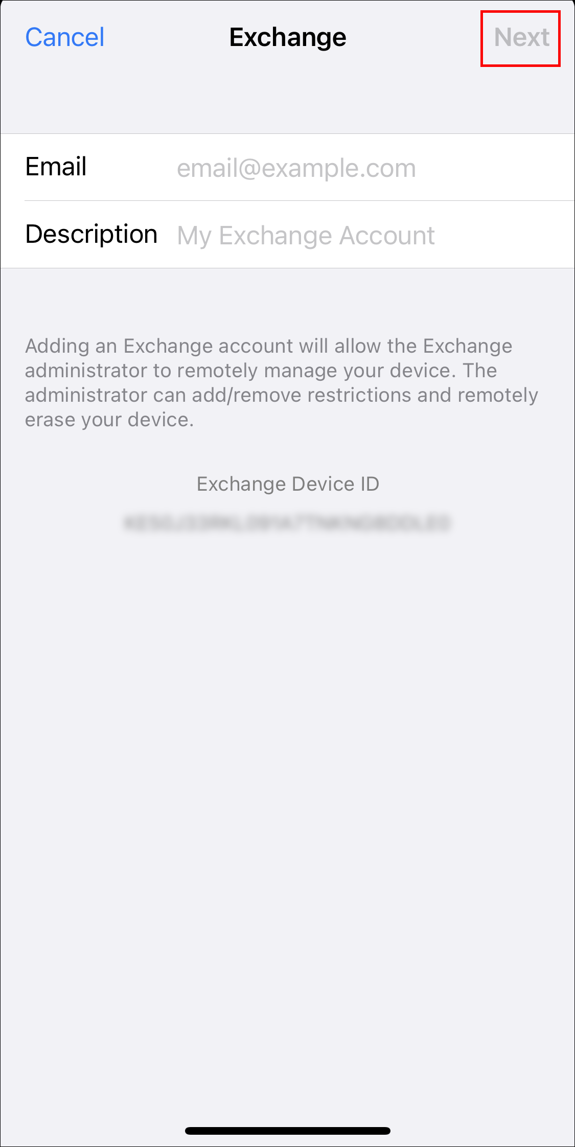 ios exchange email address screen