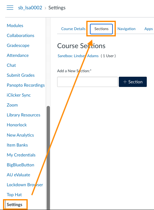 Settings highlighted with arrow to sections