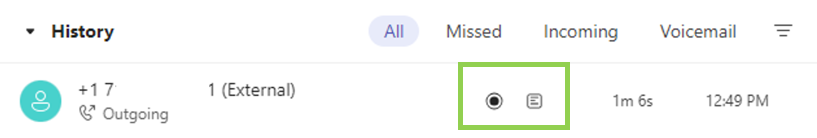 Teams call recording history pane