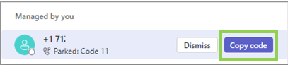 Teams Voice call park copy code button