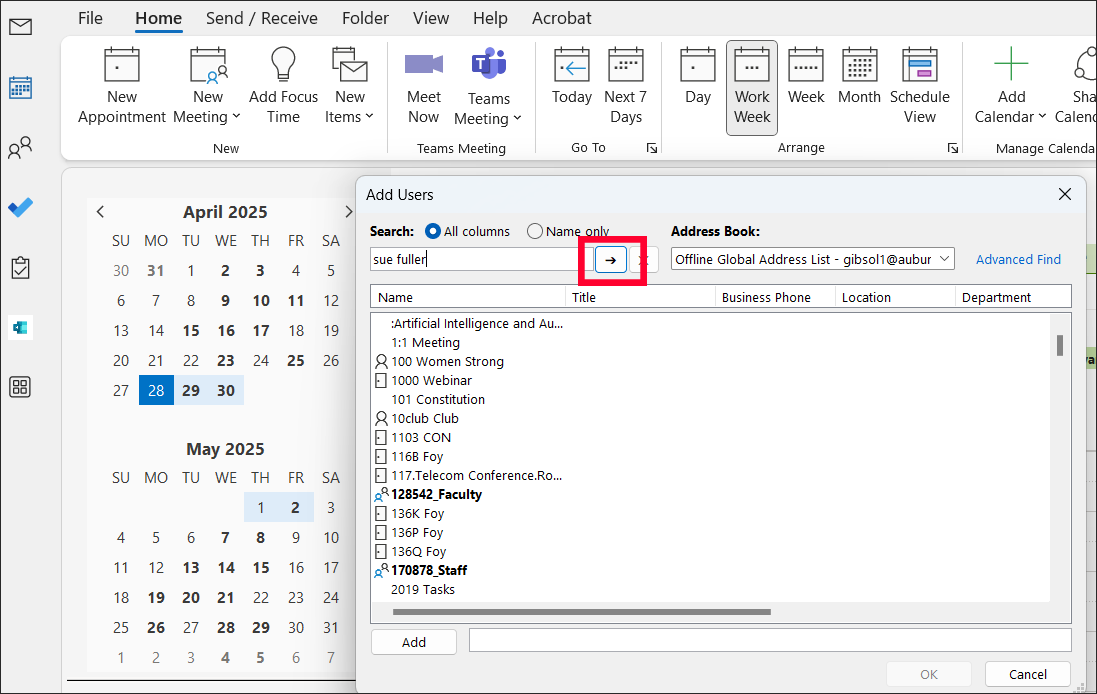 Outlook add user for calendar sharing