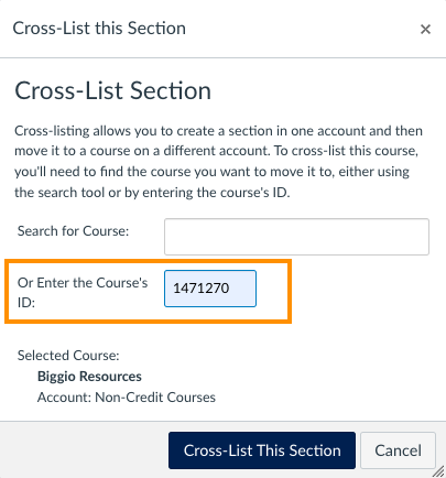 parent course numbers entered and highlighted on cross-list pop up