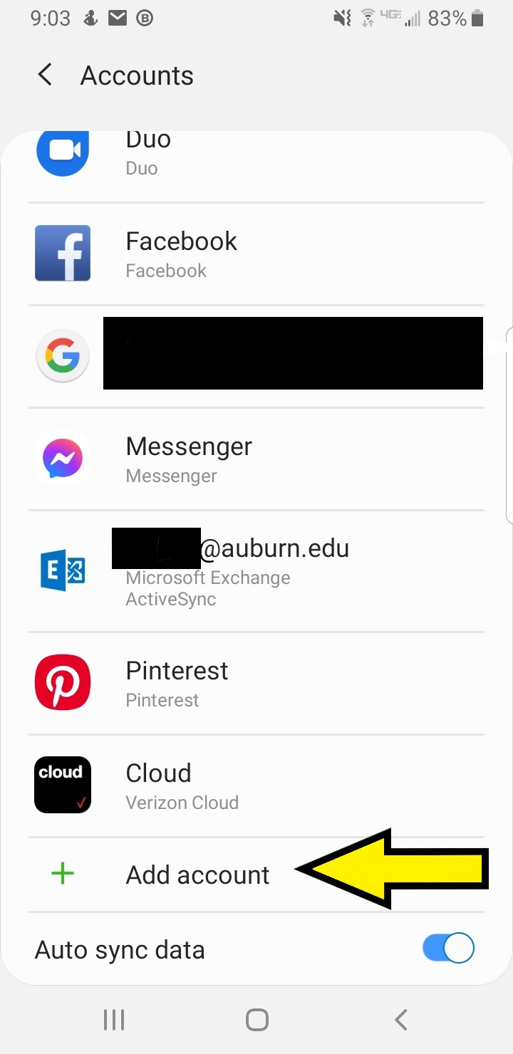 android screen, accounts, add account
