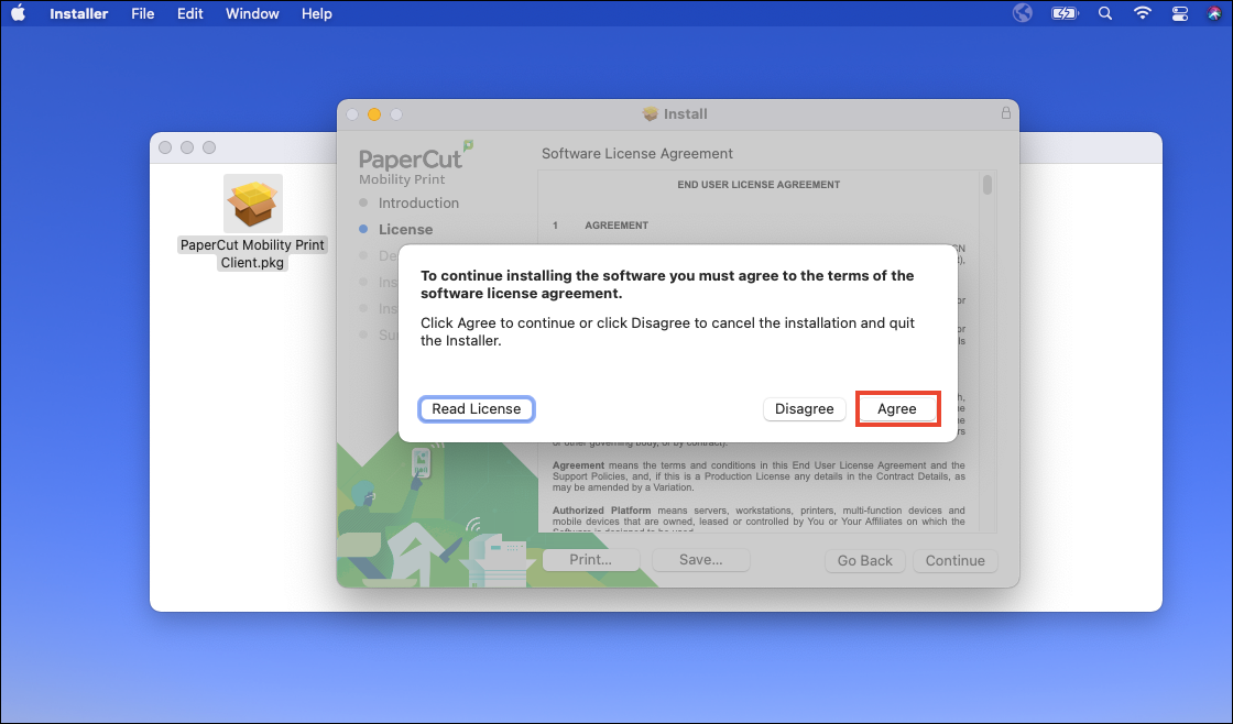 mobility print license agree selection