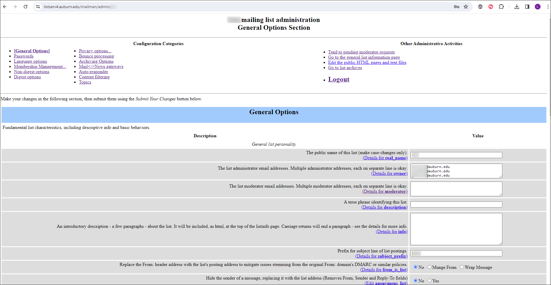 Listserv general options screen