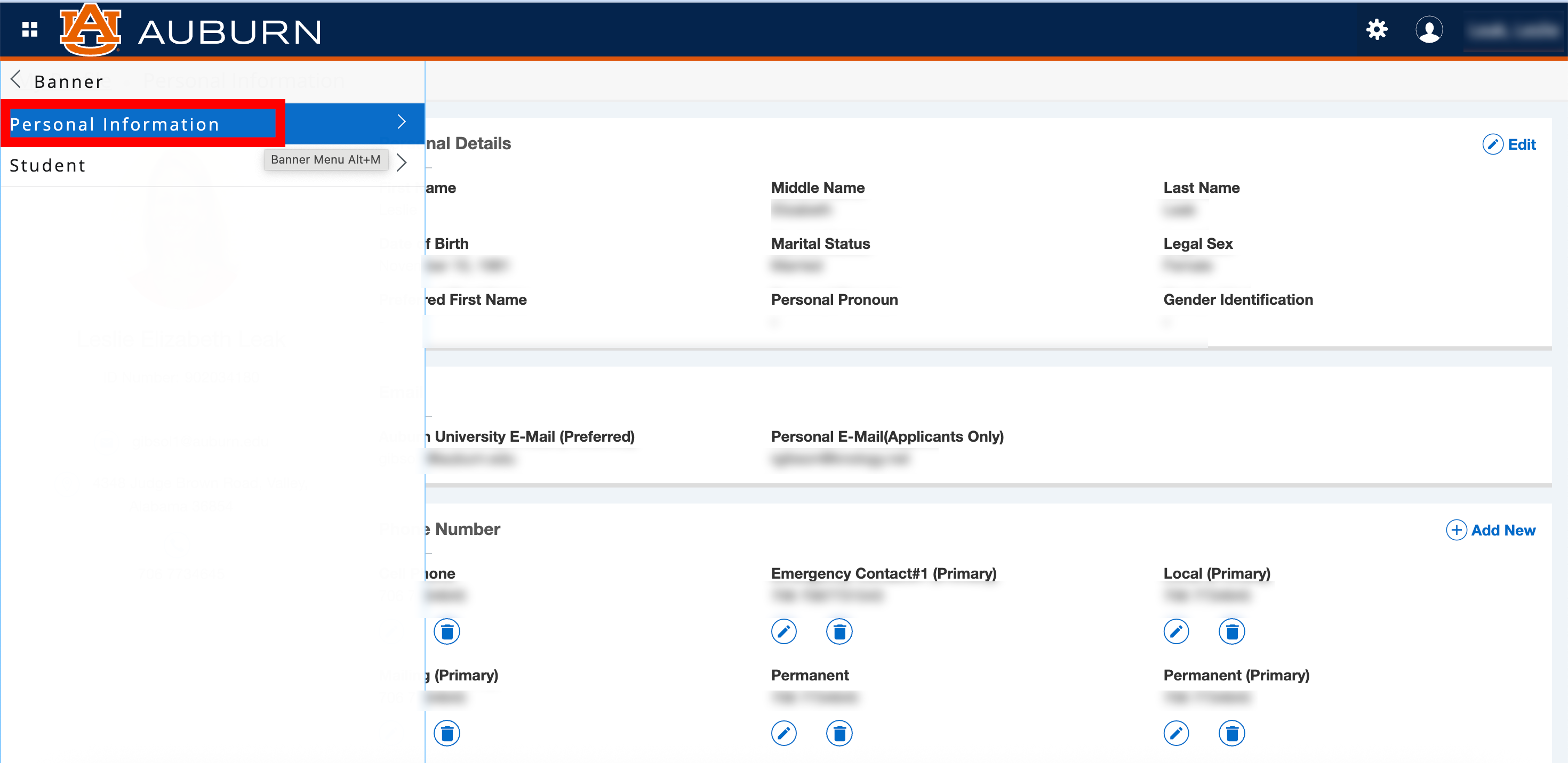 Personal Information Banner menu options