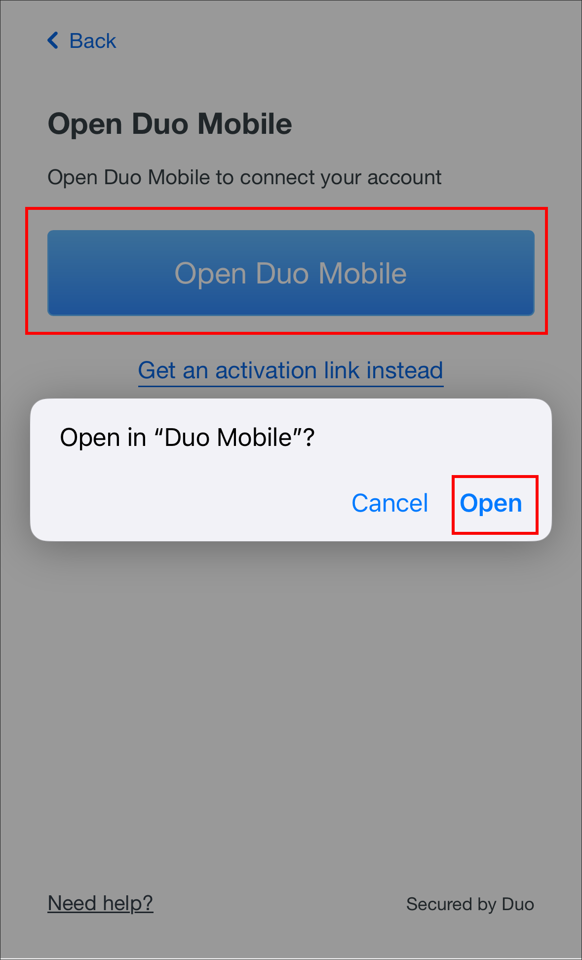 Duo Mobile open screen