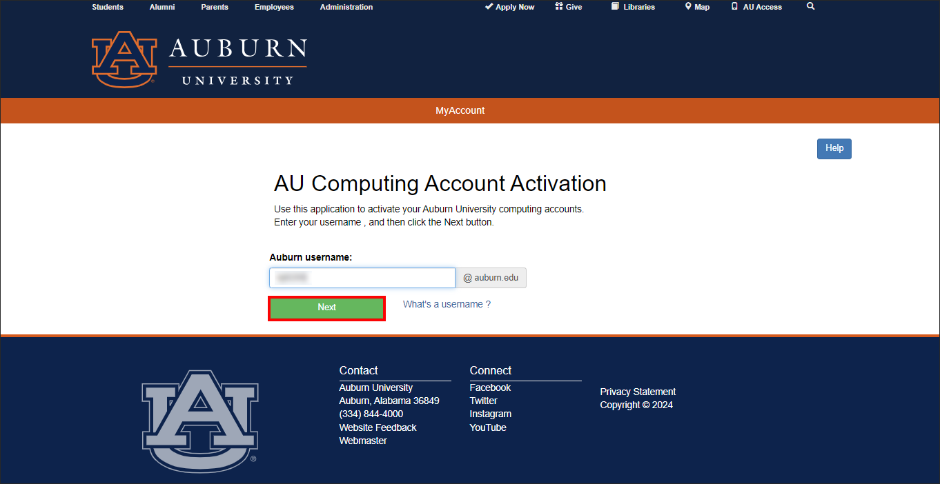 AU Account activation username screen