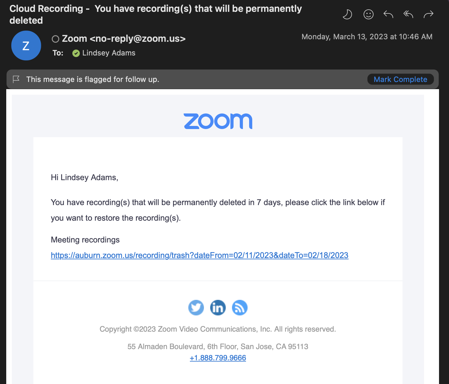 screenshot, zoom notification email