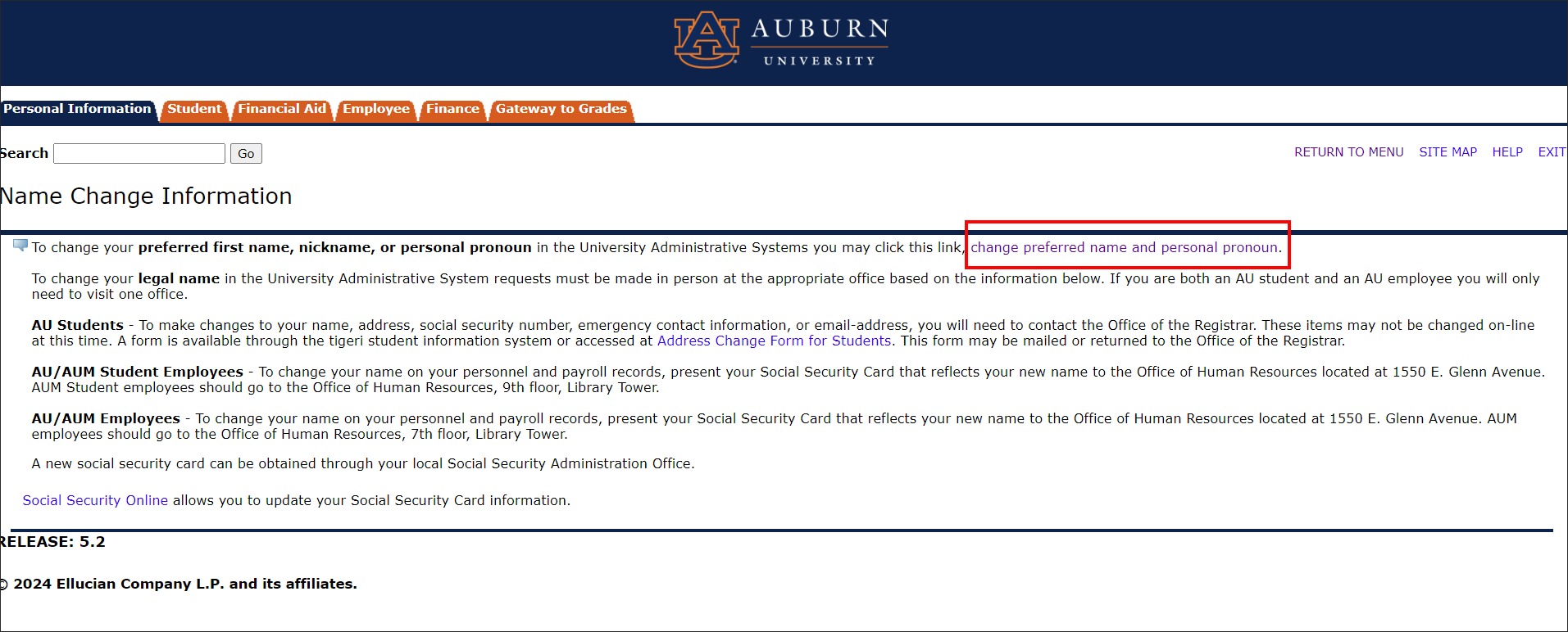 AU Access Self Service Name Change Information screen