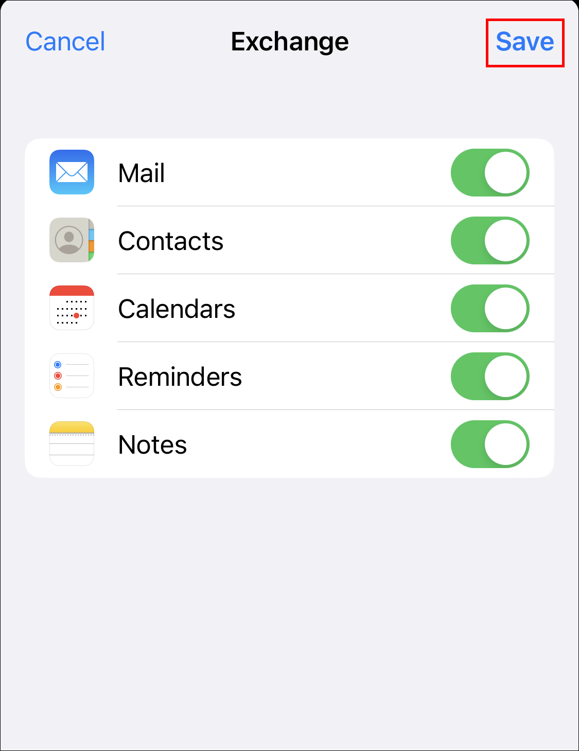 ios exchange sync options screen