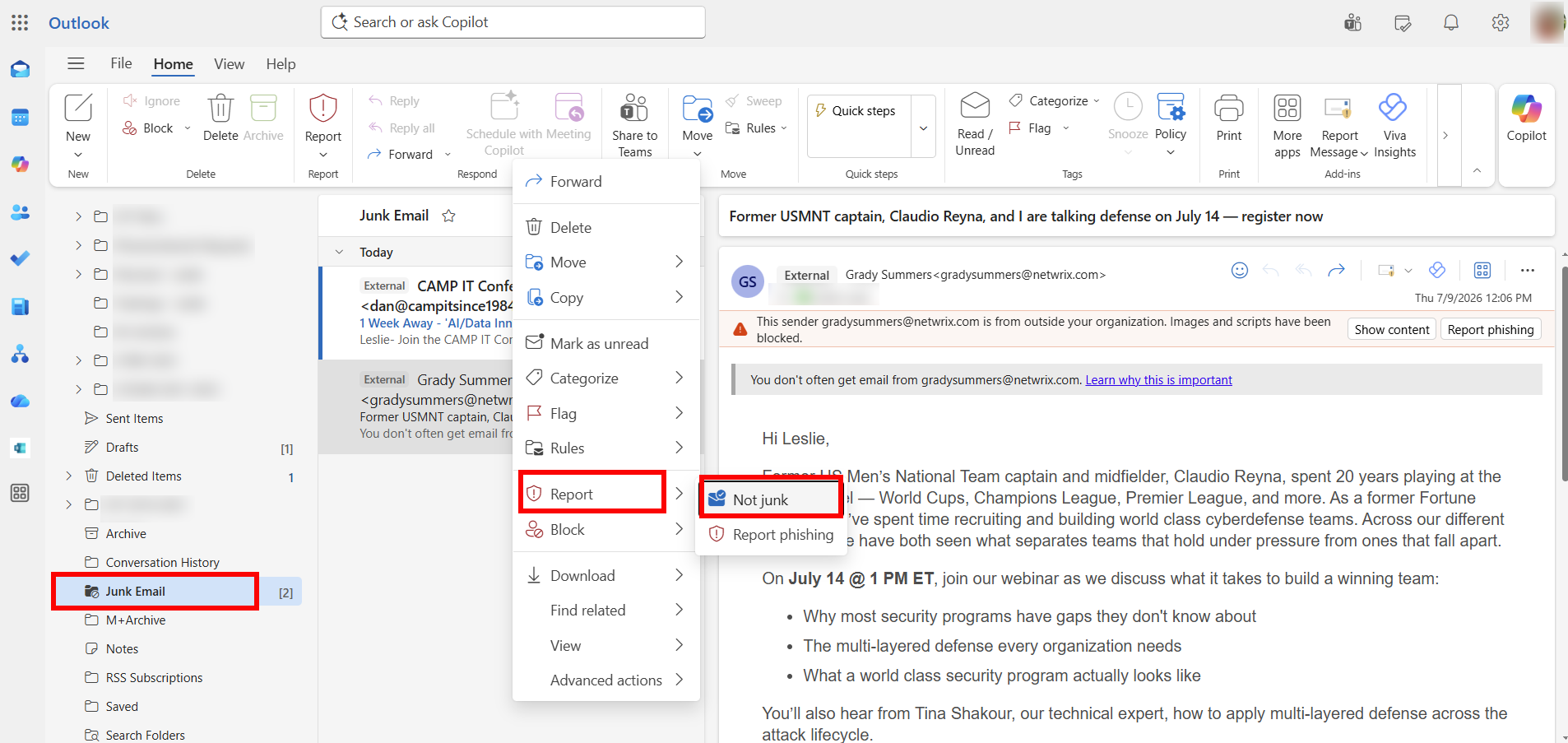Outlook on the web not junk reporting feature