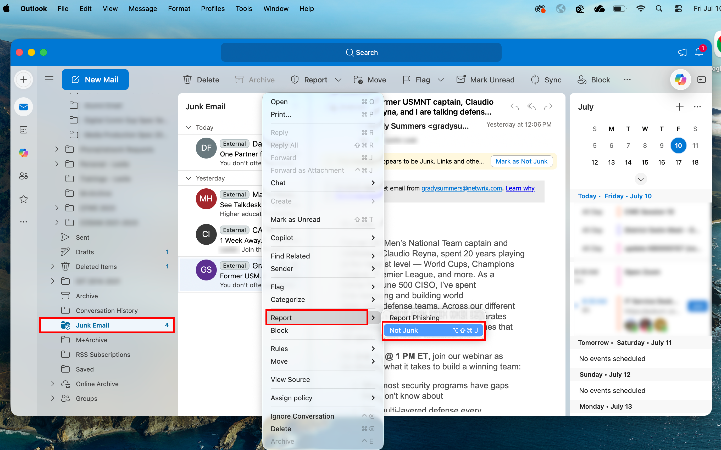 Outlook for mac not junk selection