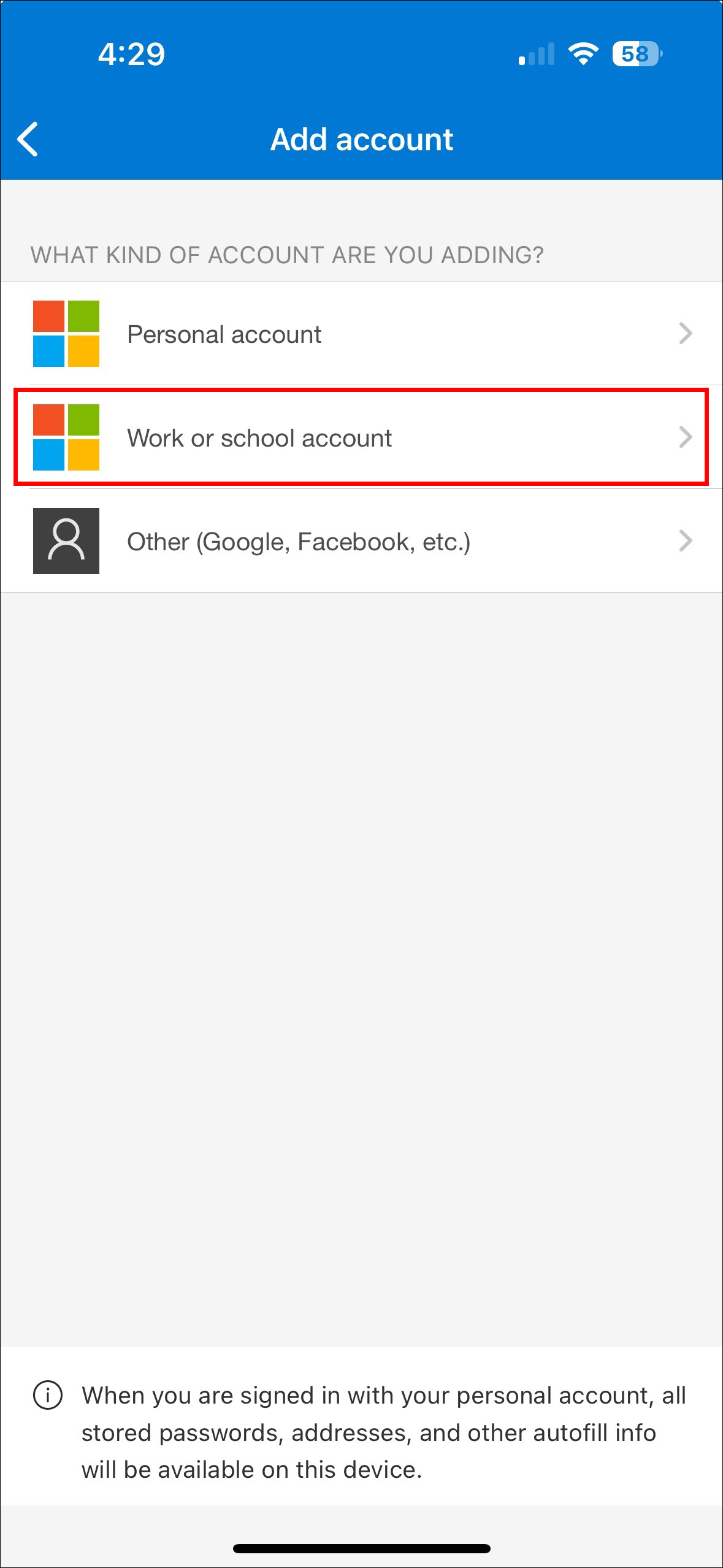 Microsoft authenticator app work or school account screen