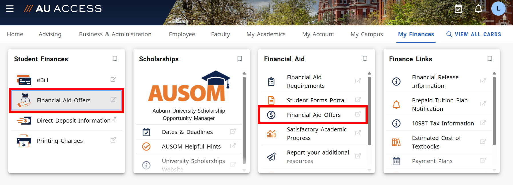 AU Access Financial Aid Offers Selection