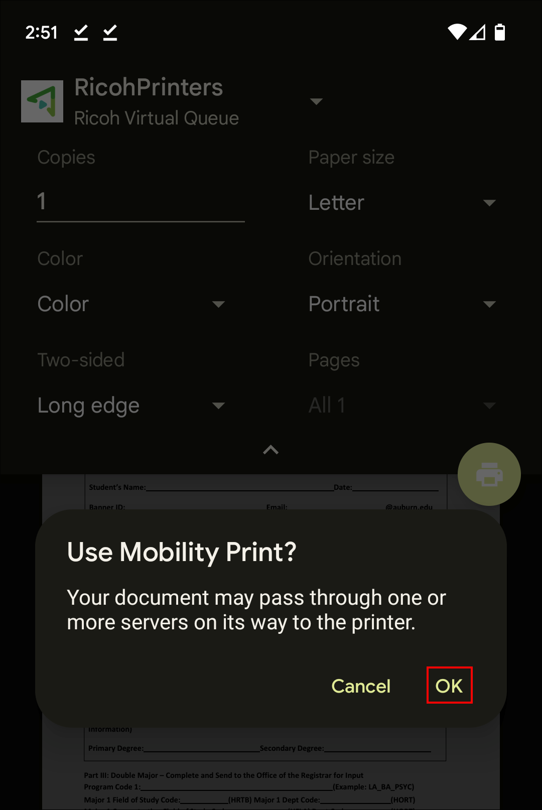 use mobility print screen