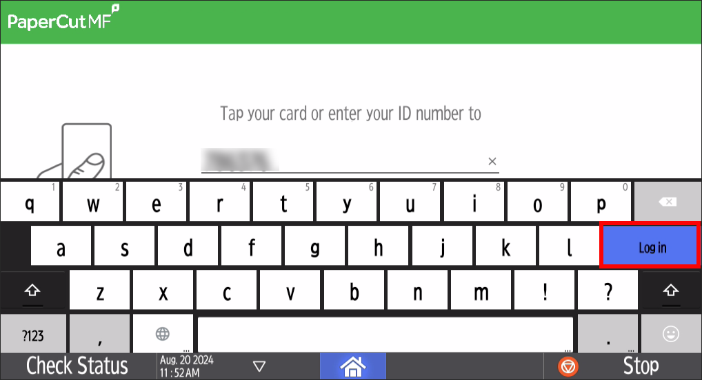TigerPrint ID number and print release code login screen