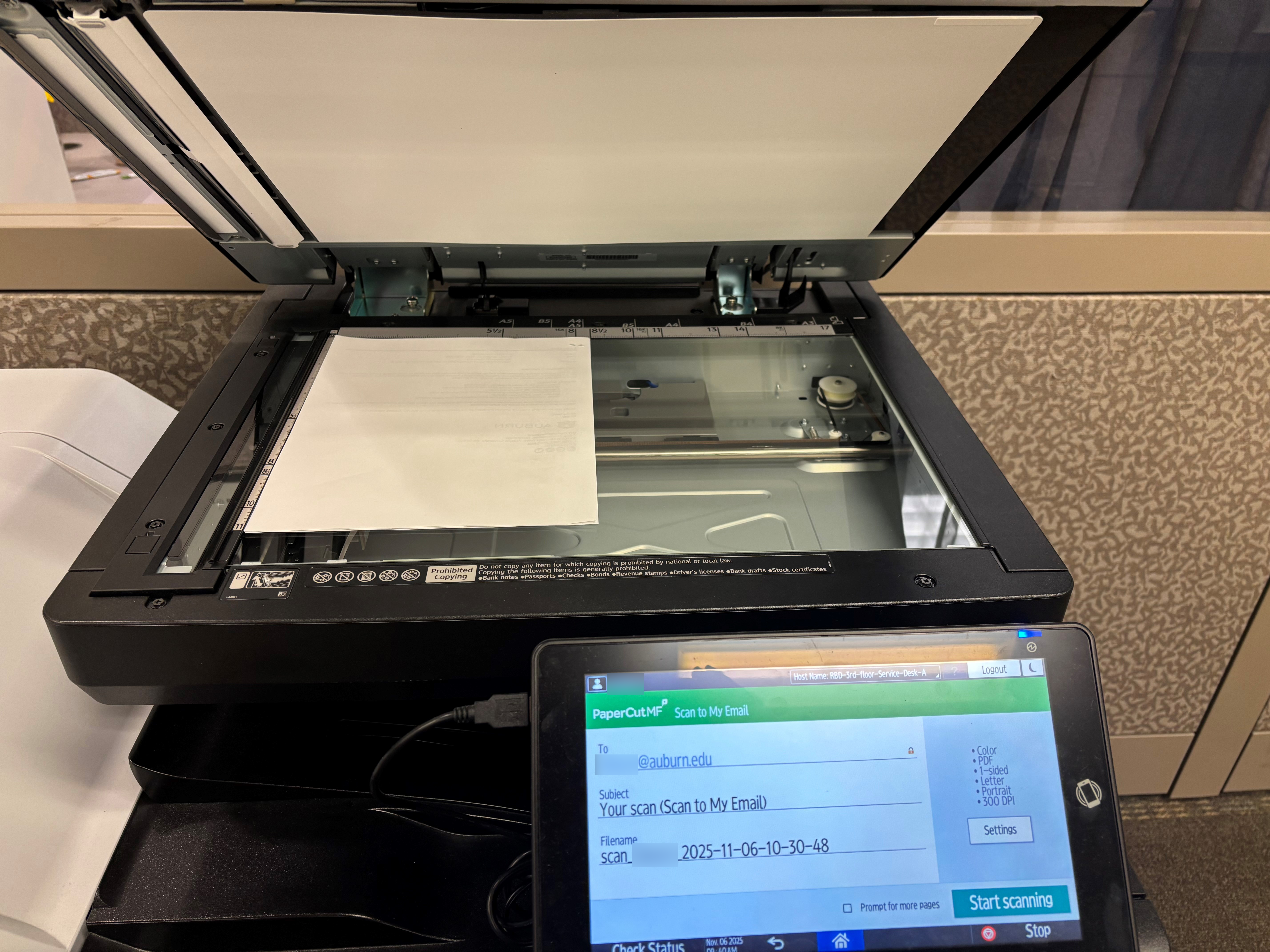 example of scanning a document on a Ricoh printer + copier