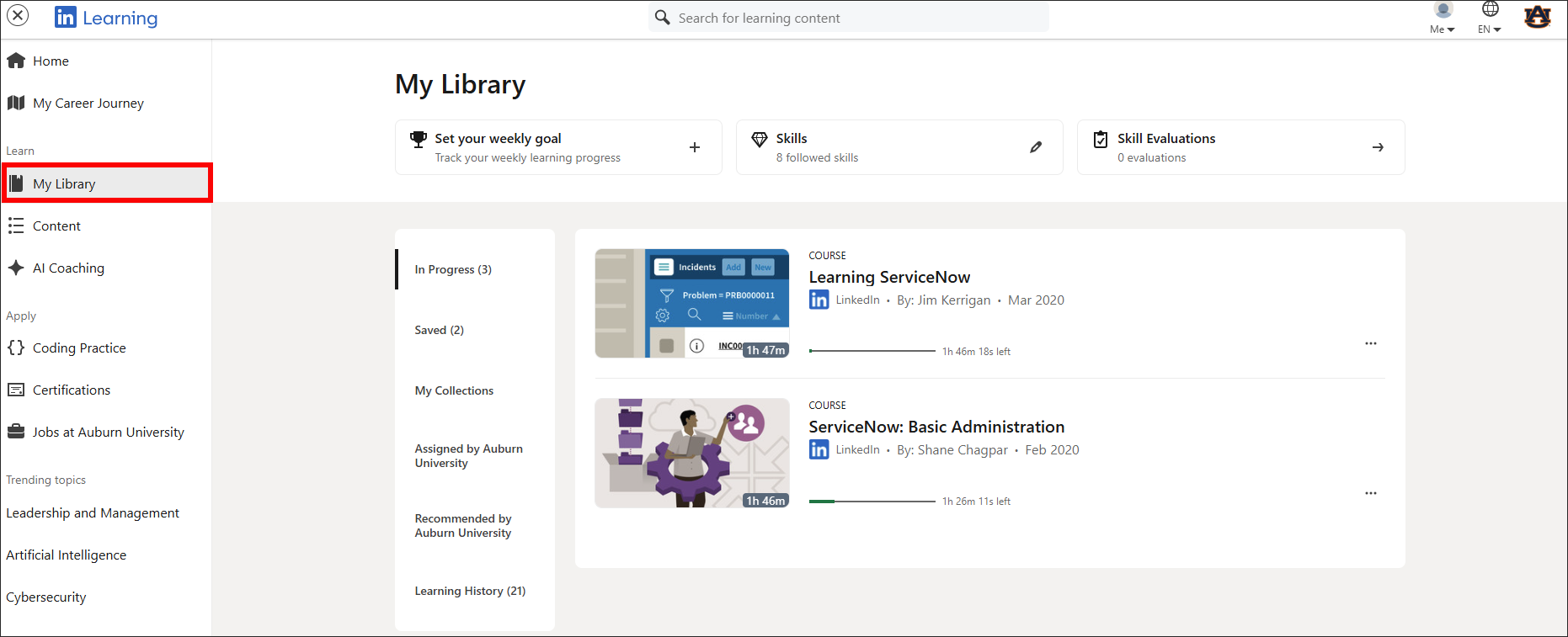 LinkedIn Learning My Library Screen