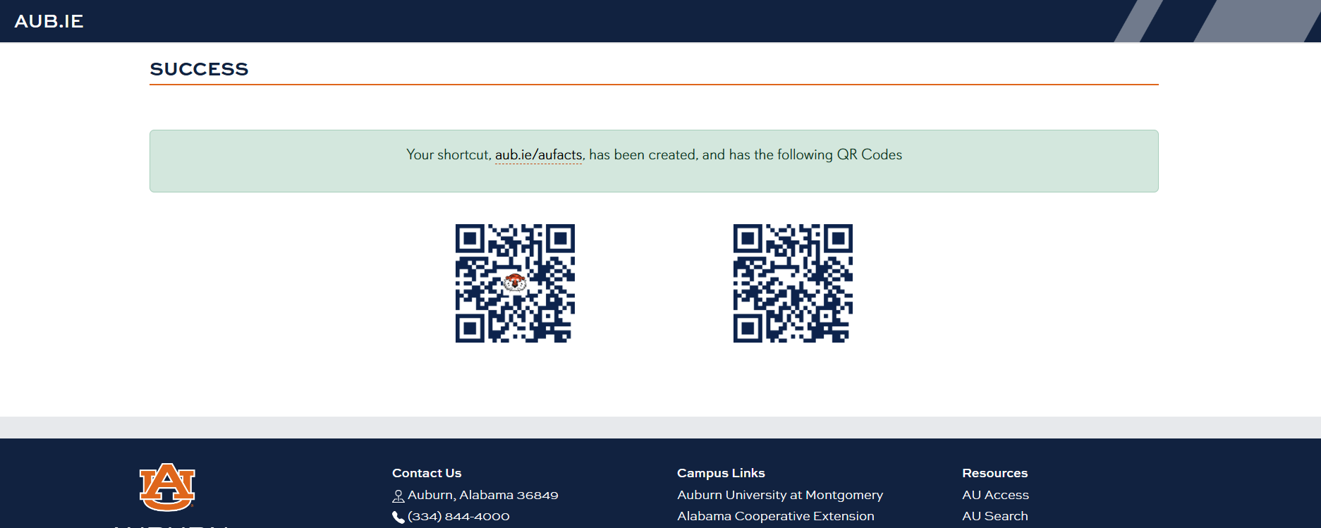 aub.ie shortcut success page