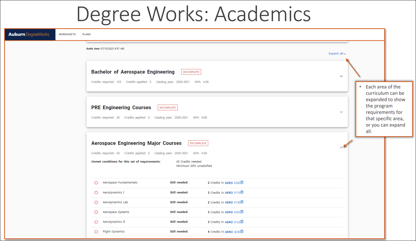 DegreeWorks worksheets page