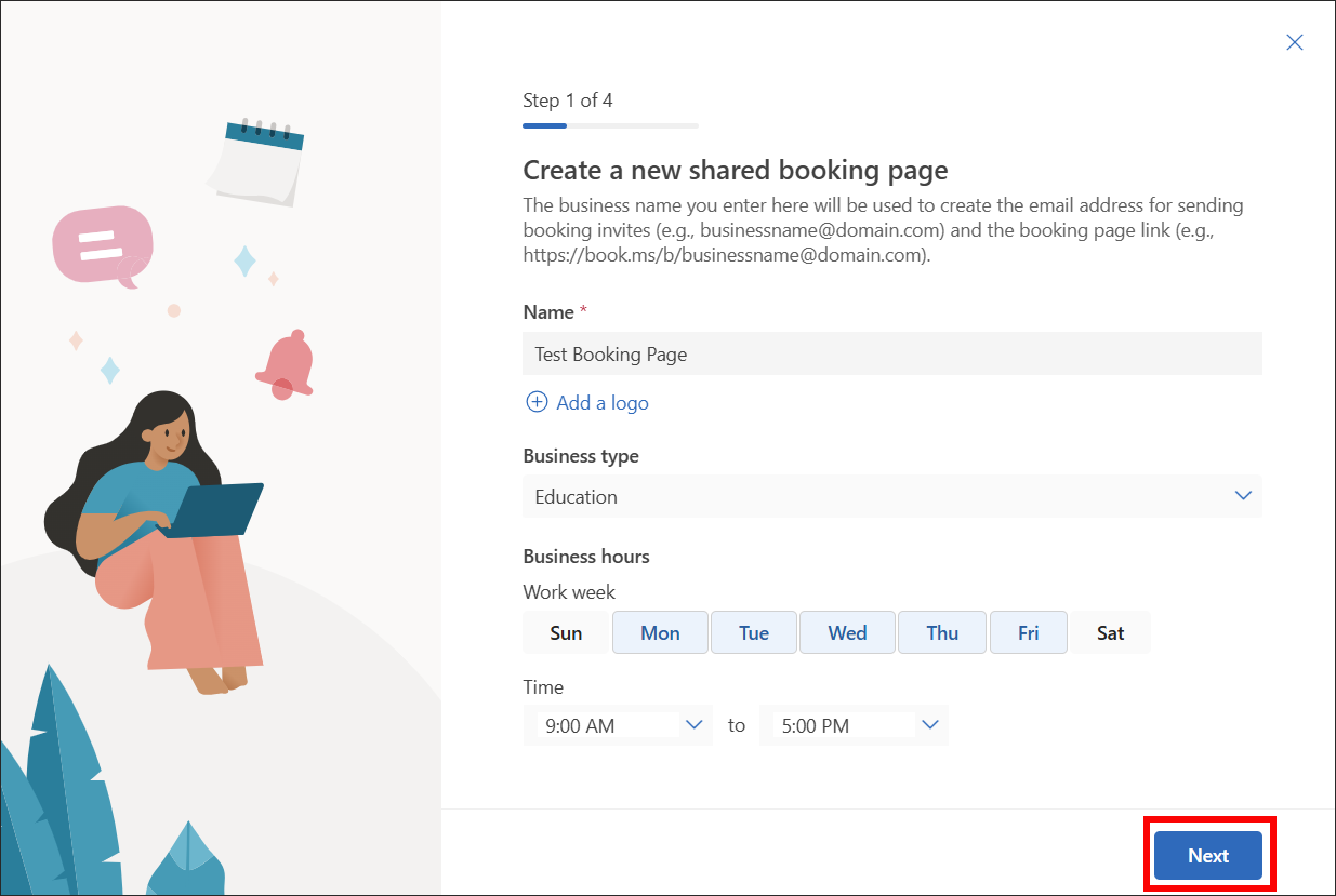 Microsoft Shared Bookings create new shared booking page